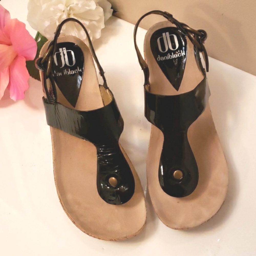 Daniblack Cork Wedge black patent Leather Sandals 7 EUC